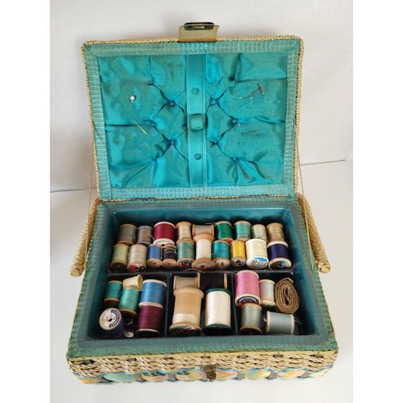 Vintage Wicker Sewing Basket - Accessories & Silk Top Cushion for Pins - Picture 7 of 8